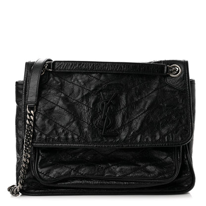 Saint Laurent Crinkled Calfskin Matelasse Monogram Medium Niki Chain Satchel Black 1 of 9