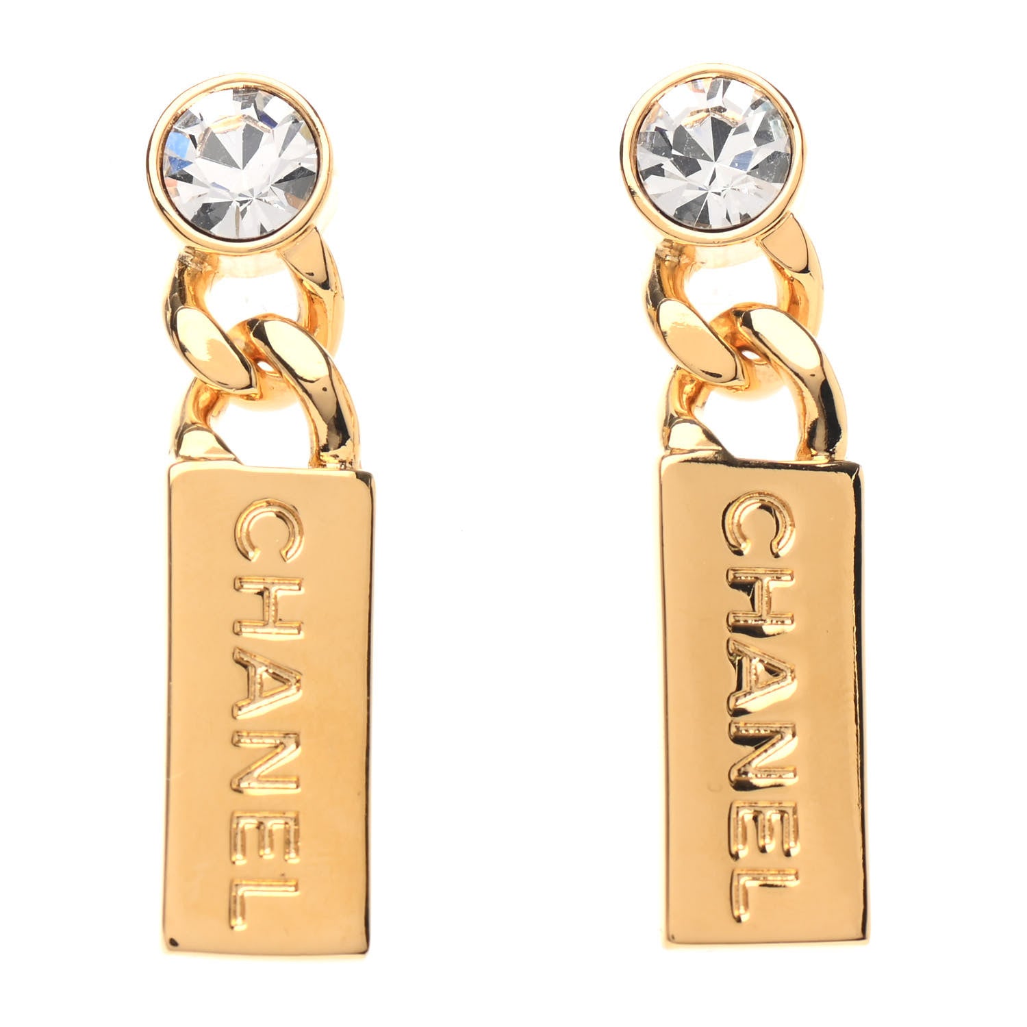 Chanel Crystal Tag Drop Earrings Gold 1 of 4