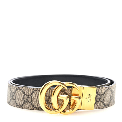 Gucci GG Supreme Monogram Plutone Calfskin Double G Reversible 30mm Belt 85 34 Beige Ebony Black 1 of 4