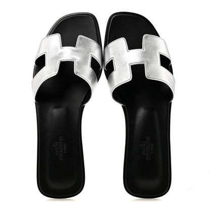 Hermes Metallic Chevre Oran Sandals 37.5 Gris Argente 2 of 10