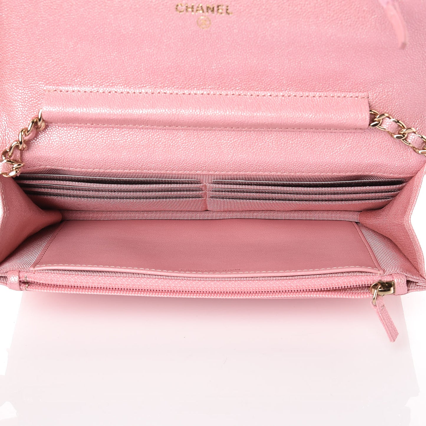 Iridescent Caviar Quilted Wallet on Chain WOC Rose Pink
