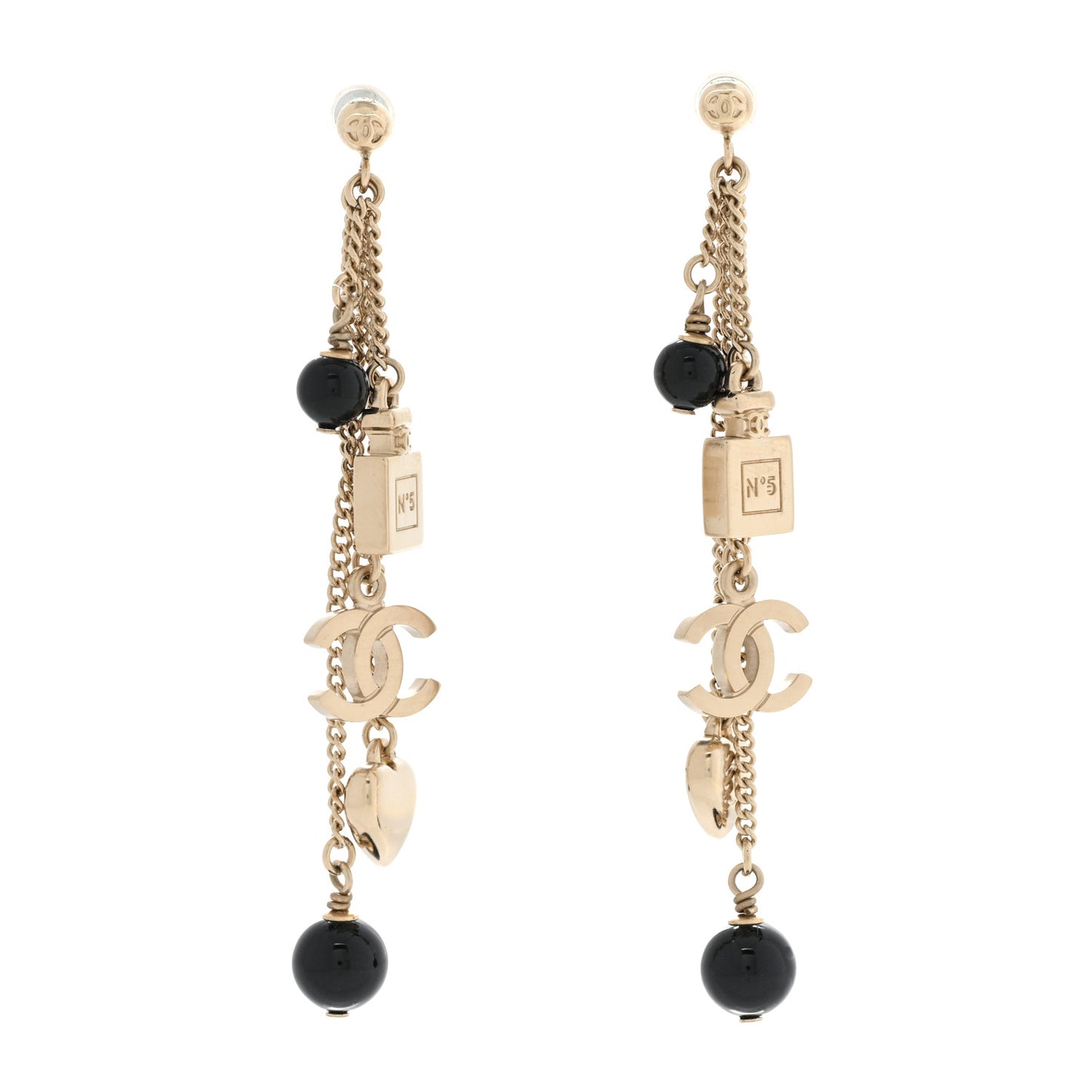 CC Pearl N°5 Perfume Bottle Charm Drop Earrings Gold Black