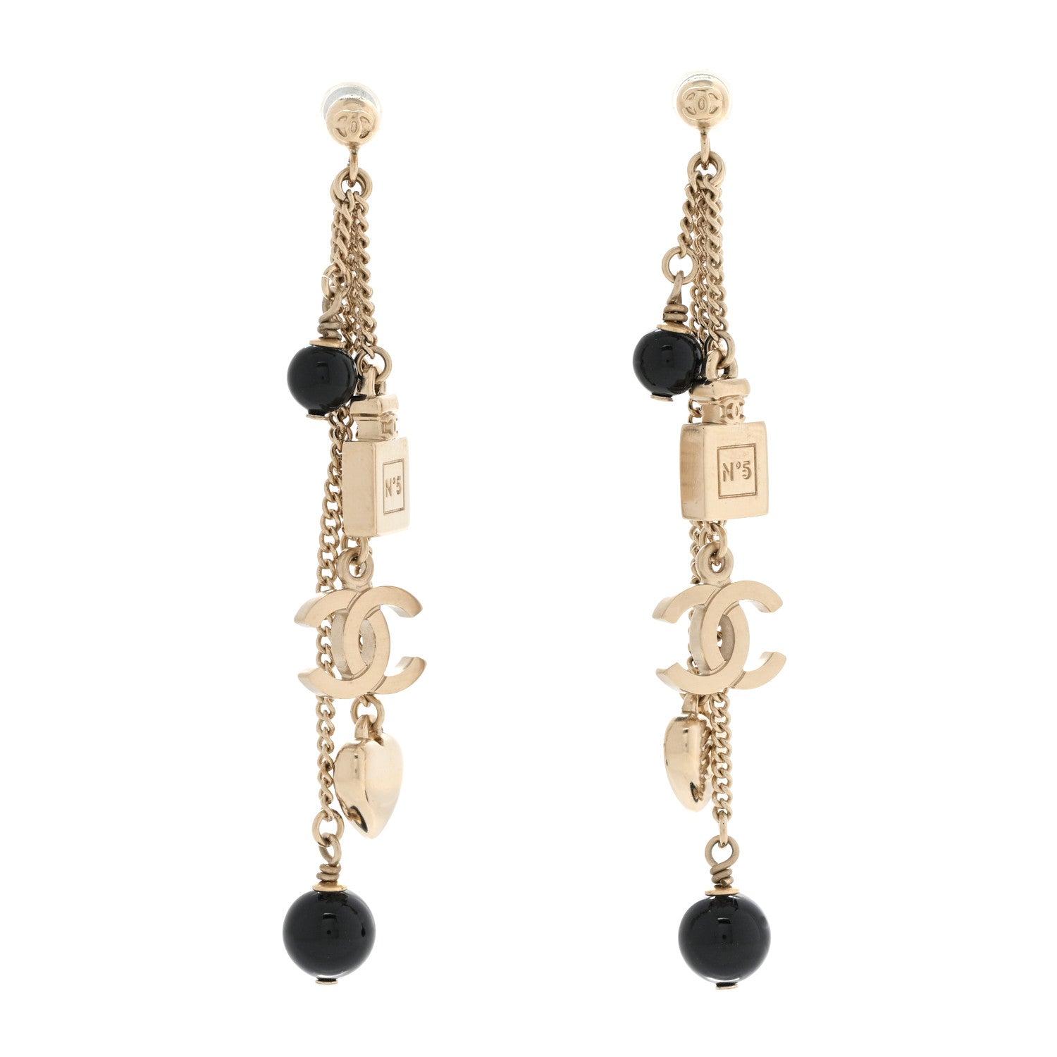 Chanel CC Pearl N°5 Perfume Bottle Charm Drop Earrings Gold Black 1 of 5