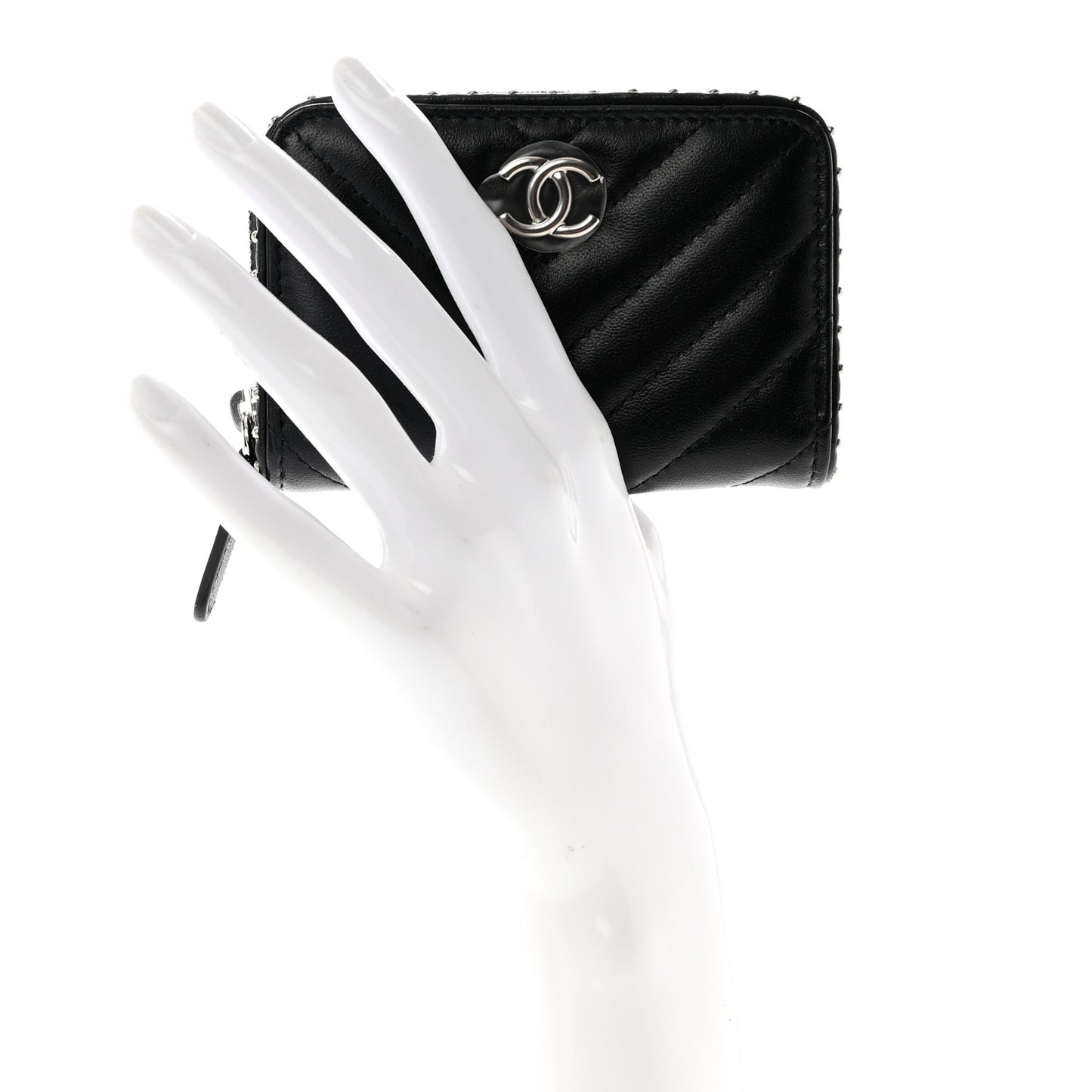 Lambskin Chevron Quilted Studded Zip Around Coin Purse Black