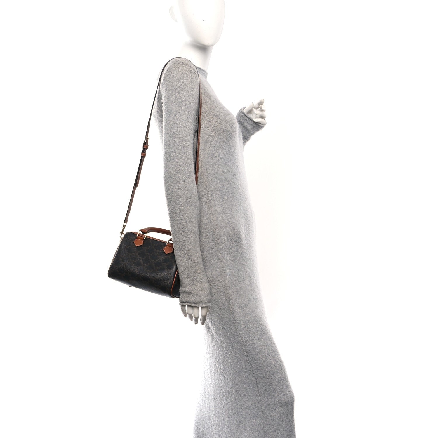 Celine Triomphe Canvas Calfskin Small Boston Bag Tan 2 of 11