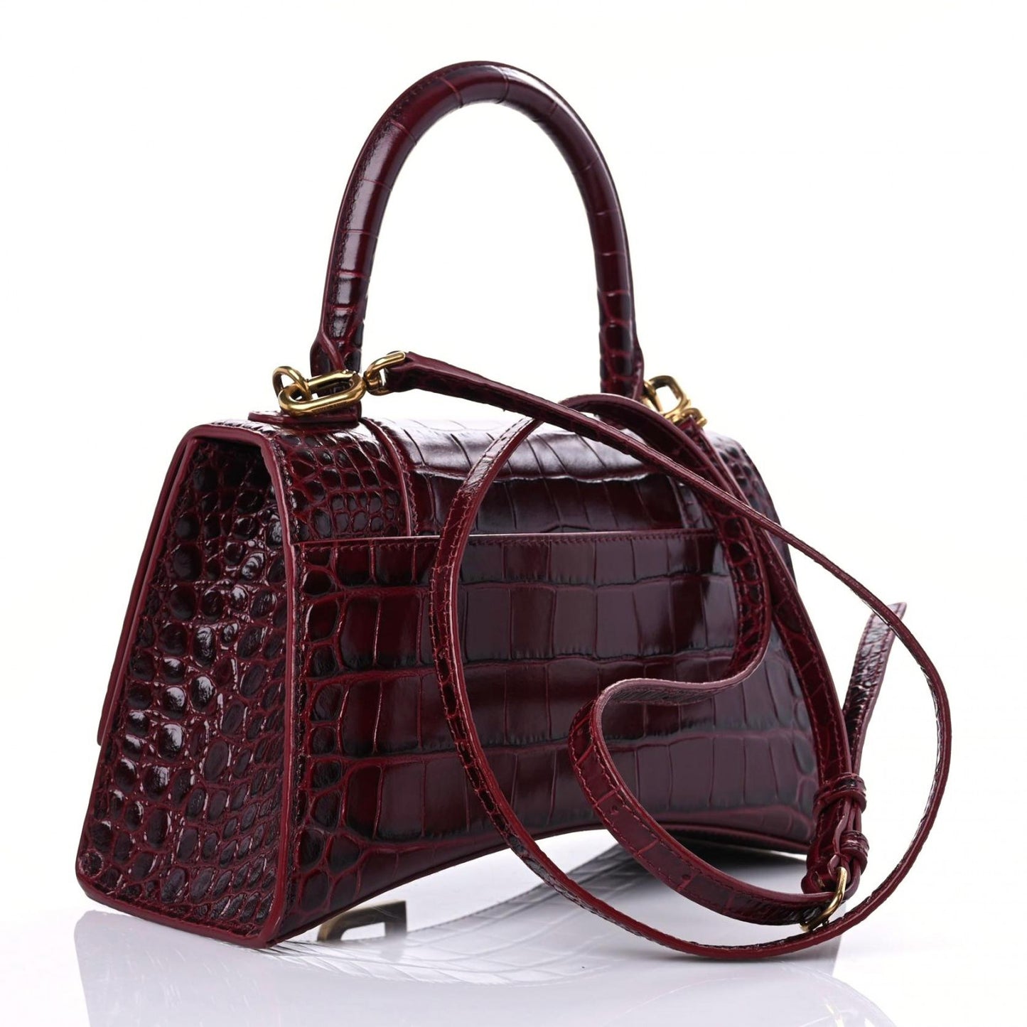 Shiny Calfskin Crocodile Embossed Small Hourglass Top Handle Bag Dark Red