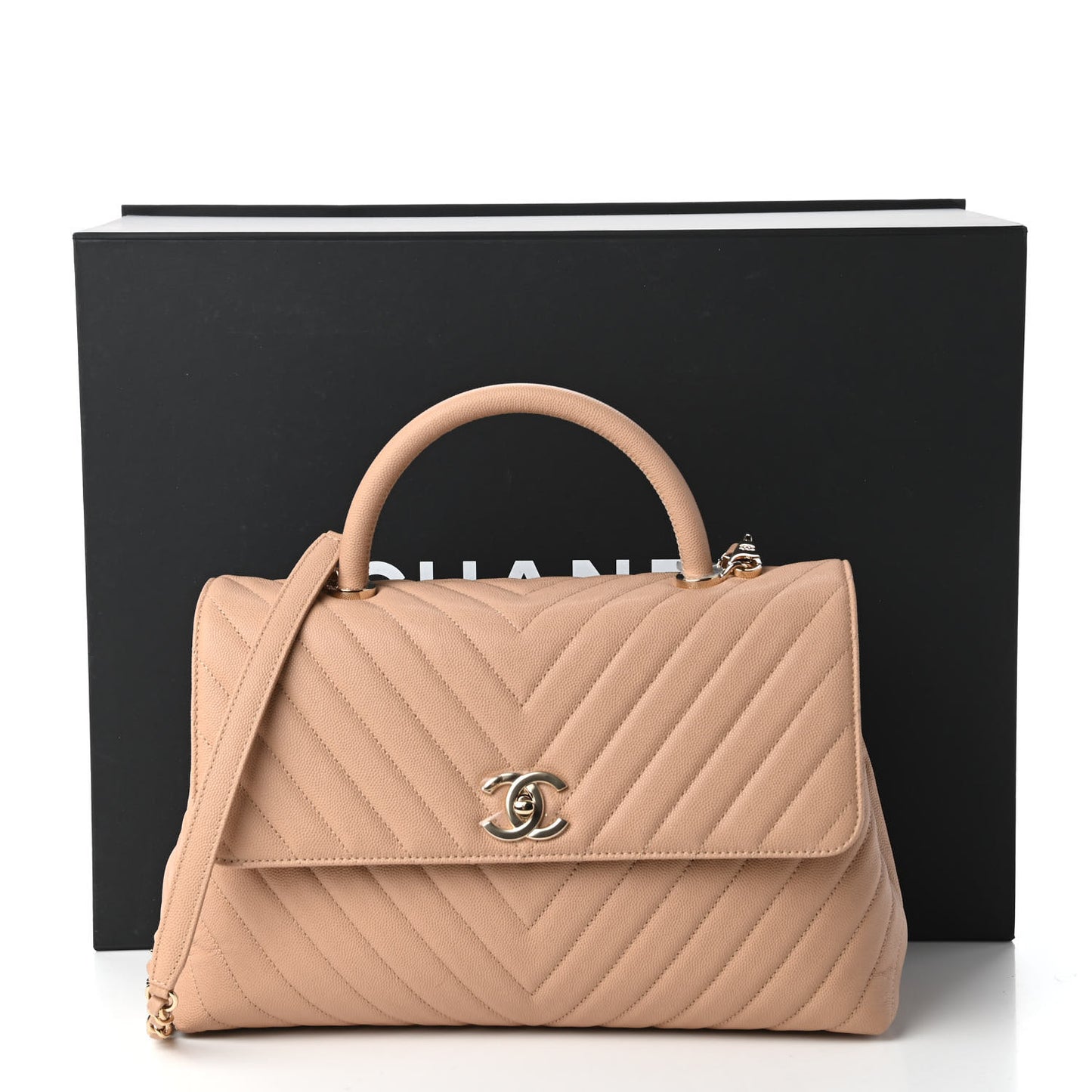 Caviar Chevron Quilted Medium Coco Handle Flap Beige