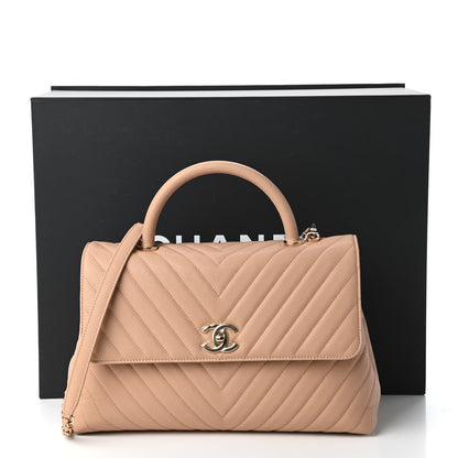 Chanel Caviar Chevron Quilted Medium Coco Handle Flap Beige 11 of 11