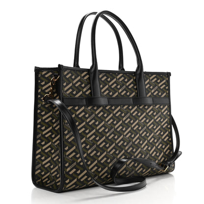 Versace Coated Canvas Calfskin La Greca Signature Tote Bag Black Khaki 3 of 10