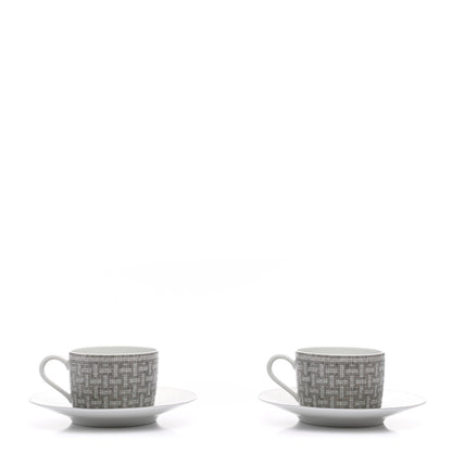 Hermes Porcelain Mosaique Au 24 Platine Tea Cup And Saucer Set Of 2 Platinum 1 of 9