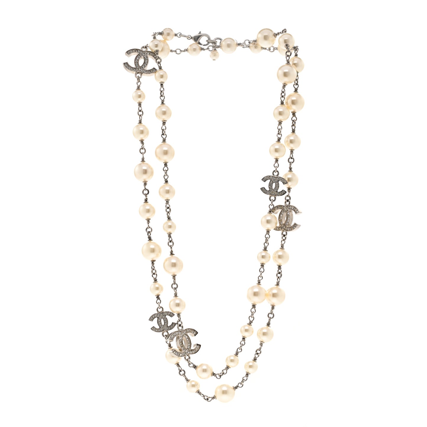 Crystal Pearl CC Long Necklace Silver