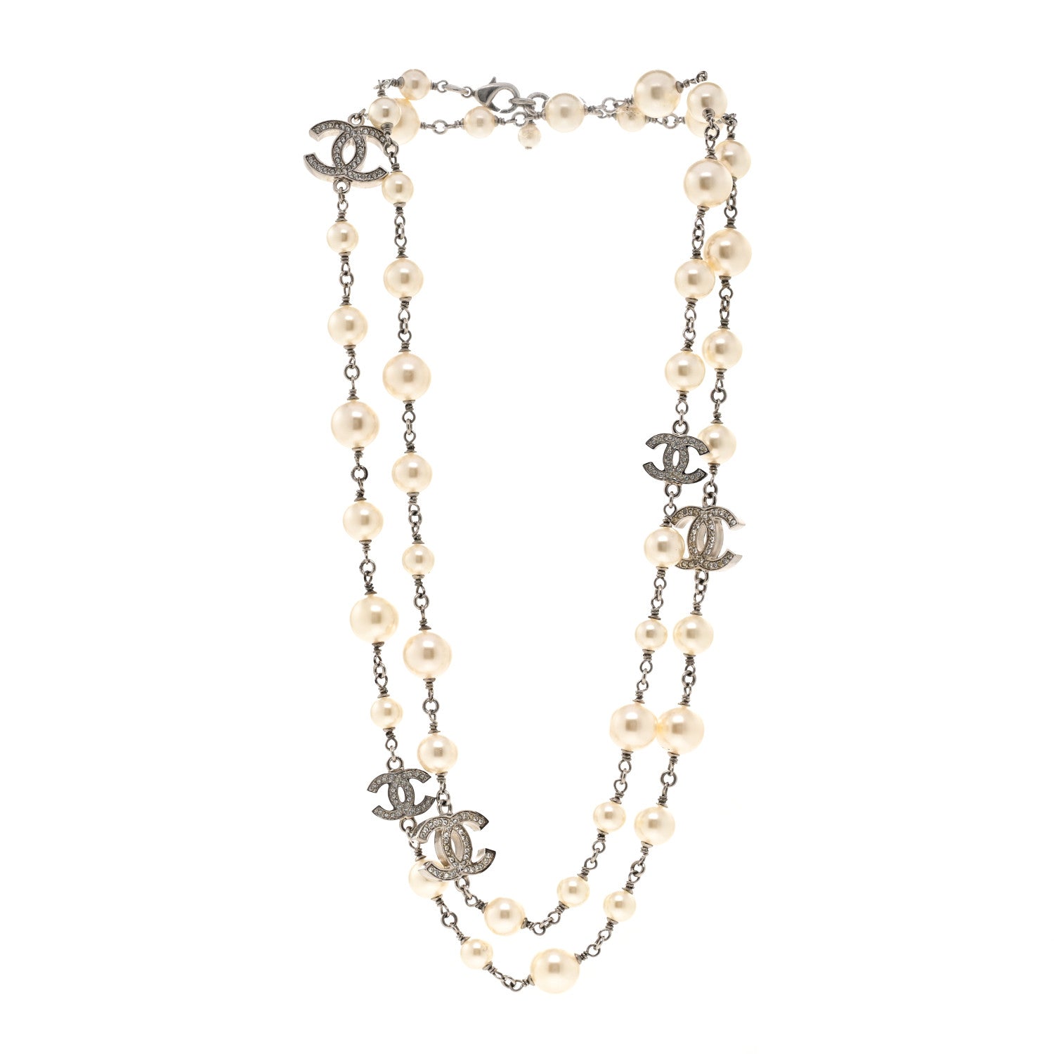 Chanel Crystal Pearl CC Long Necklace Silver 3 of 6