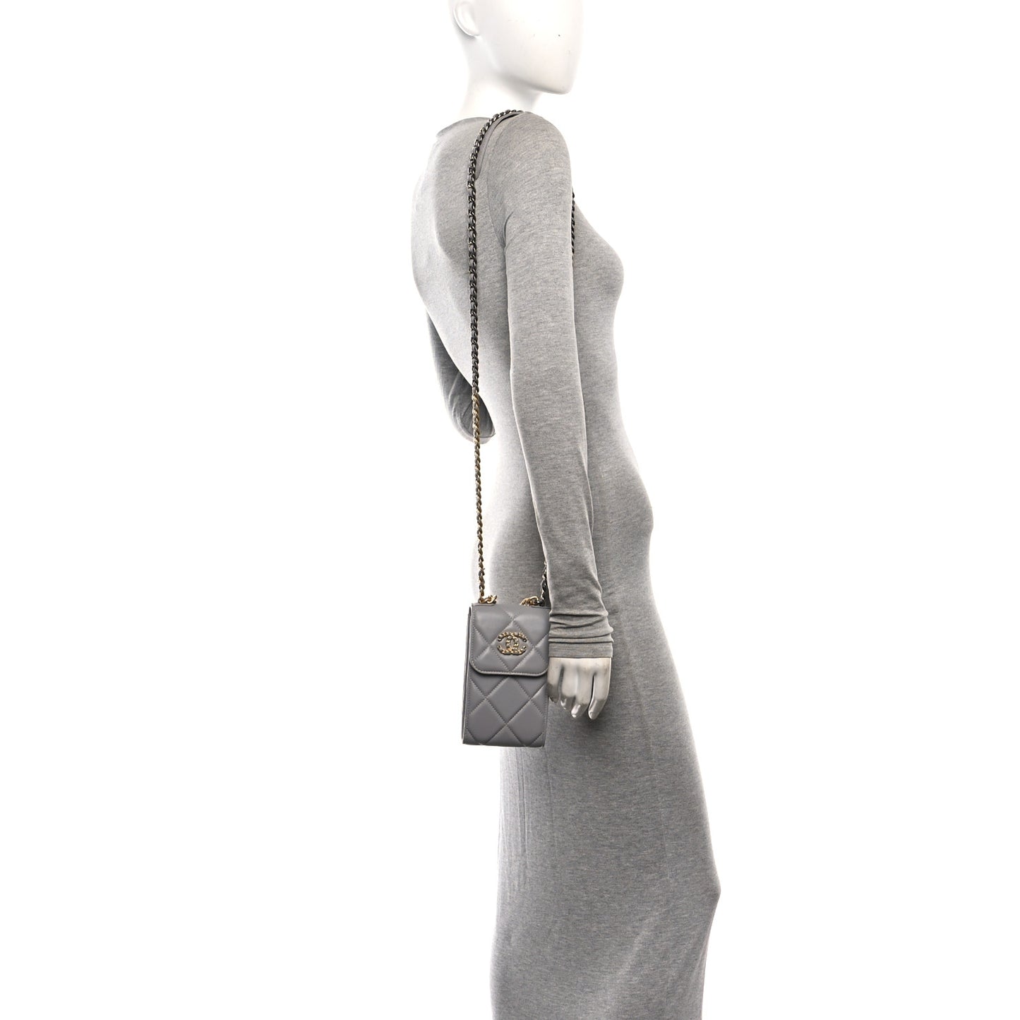Lambskin Quilted Chanel 19 Phone Holder With Chain Grey