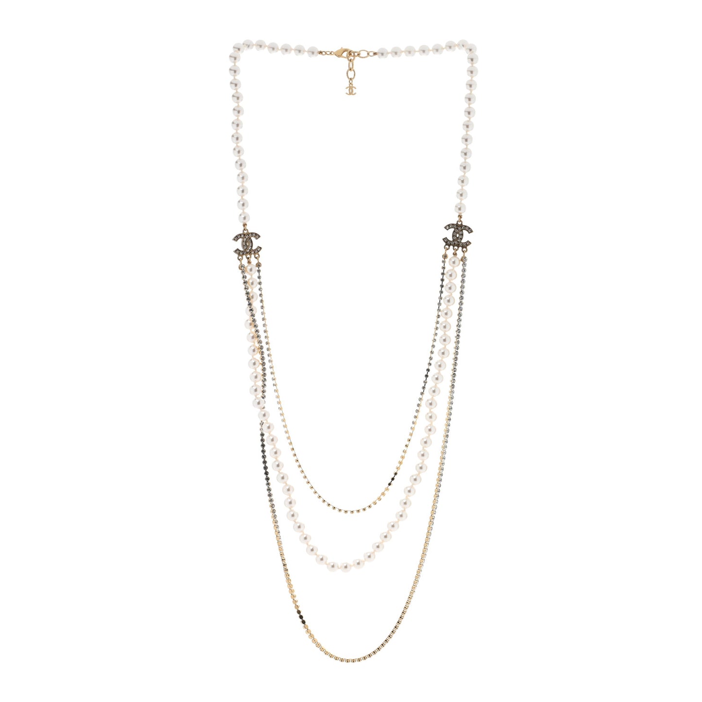 Pearl Crystal Multi Strand CC Long Necklace  Gold