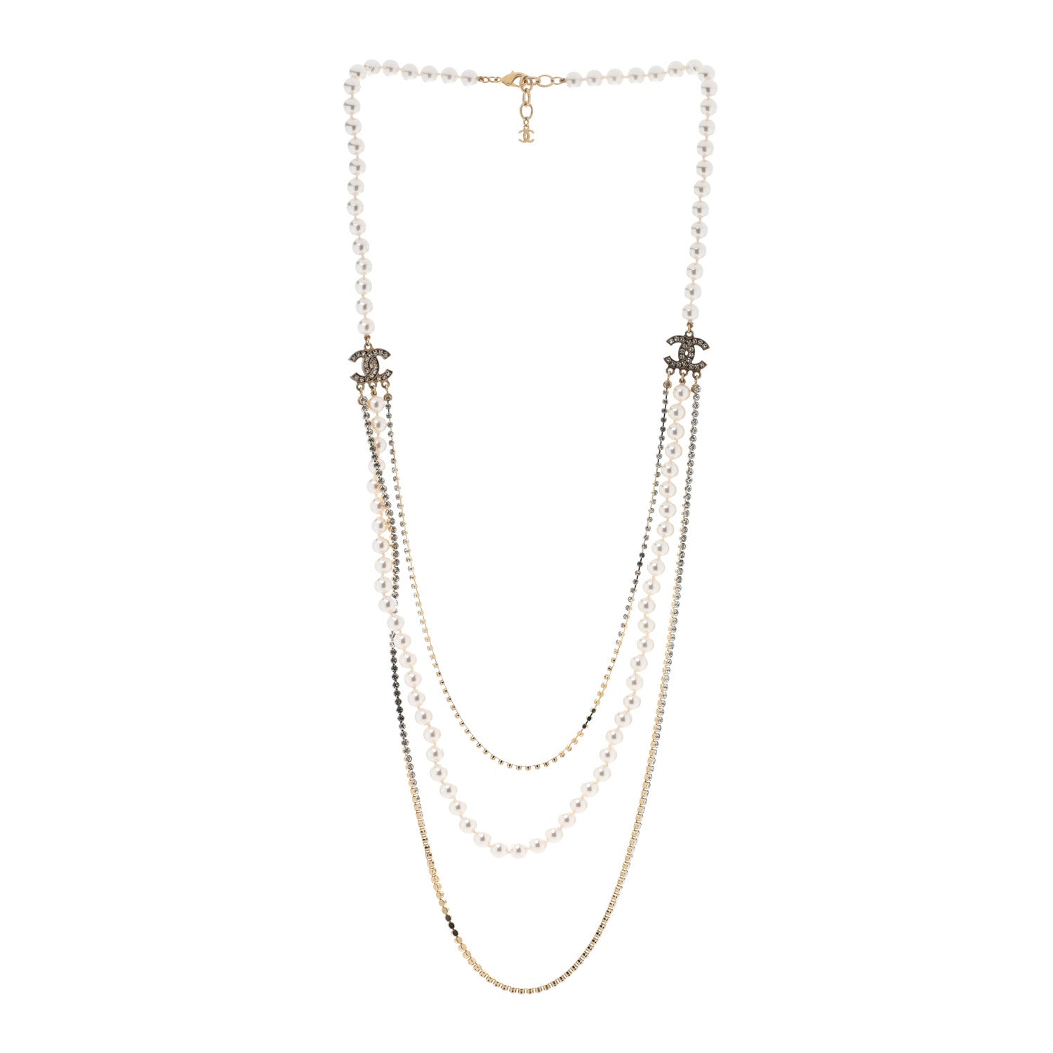 Chanel Pearl Crystal Multi Strand CC Long Necklace  Gold 2 of 5
