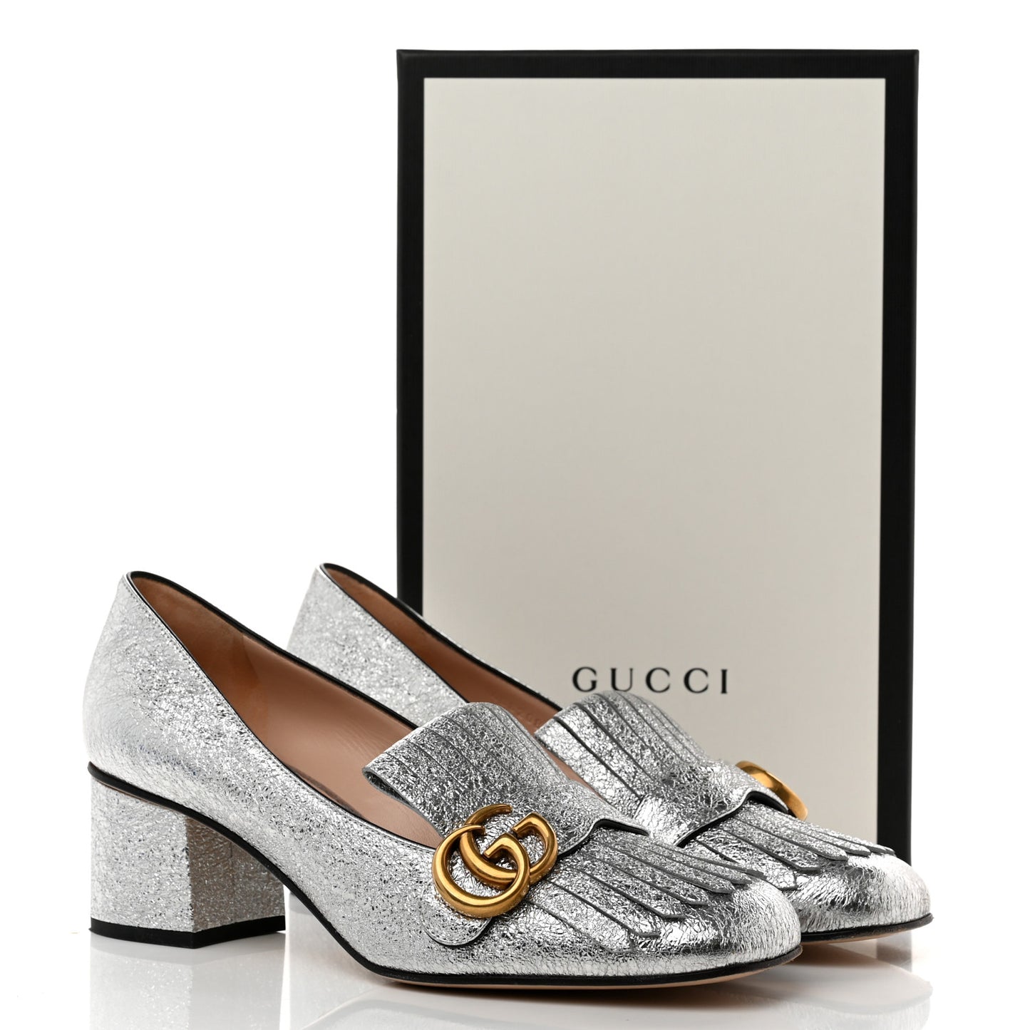 Galassia GG Marmont Fringe 50mm Loafer Pumps 40 Argento