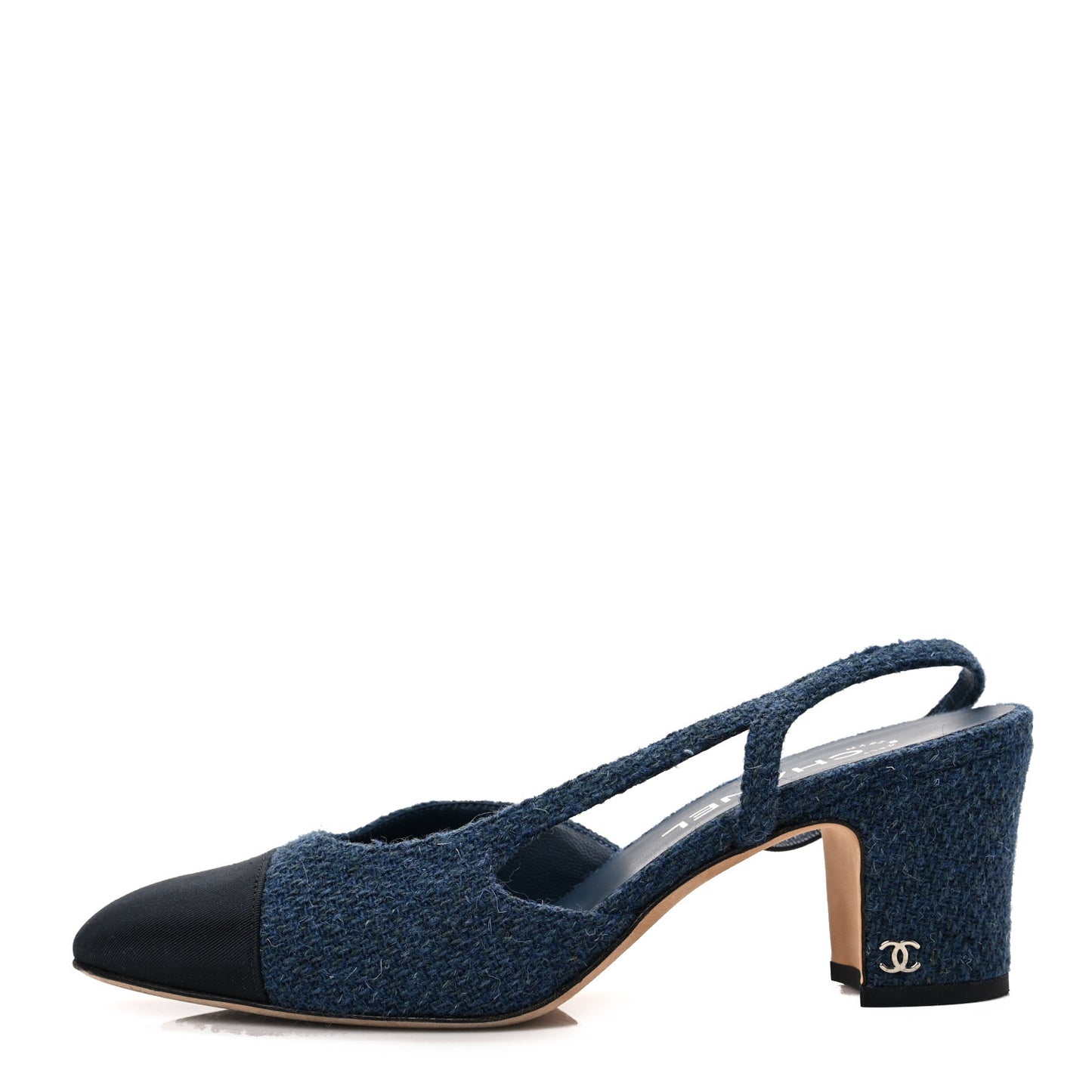 Tweed Grosgrain Cap Toe CC Slingback Pumps 38.5 Blue Black