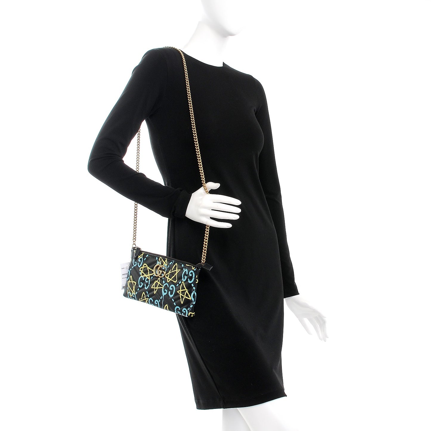 Calfskin Matelasse Printed Mini GucciGhost GG Marmont Chain Bag Black New Acquamarine