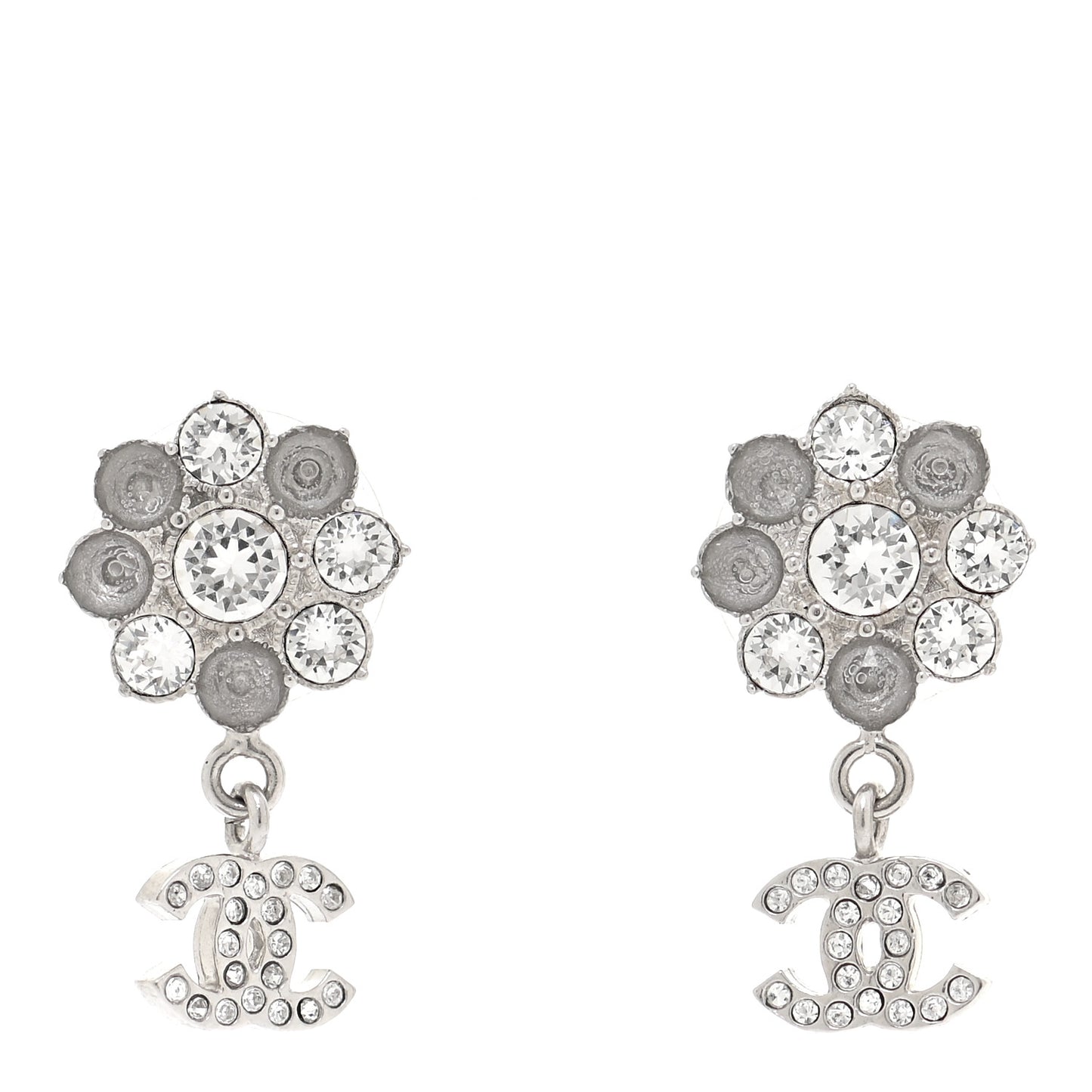 Crystal CC Flower Dangle Earrings Silver