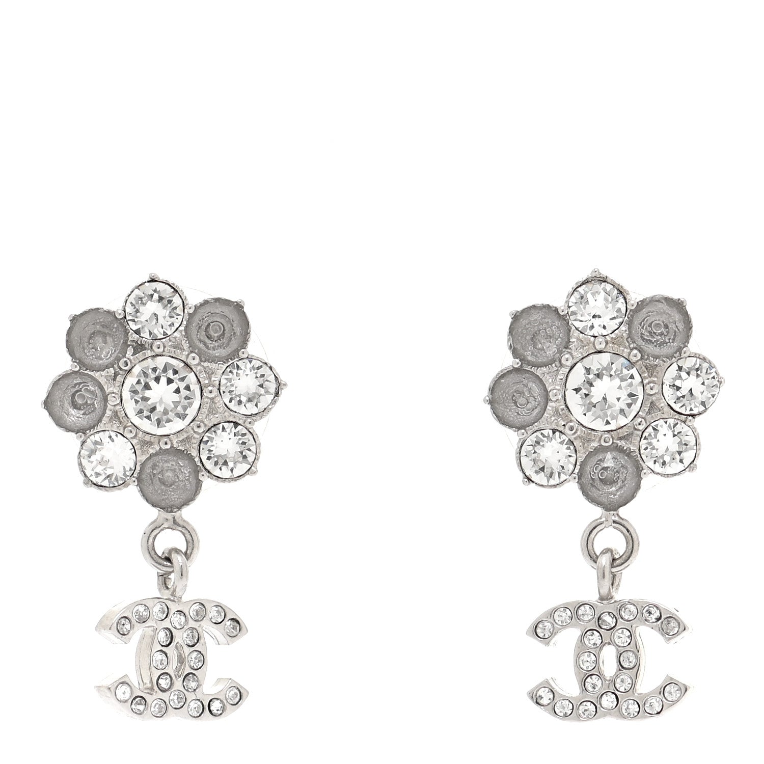 Chanel Crystal CC Flower Dangle Earrings Silver 1 of 5