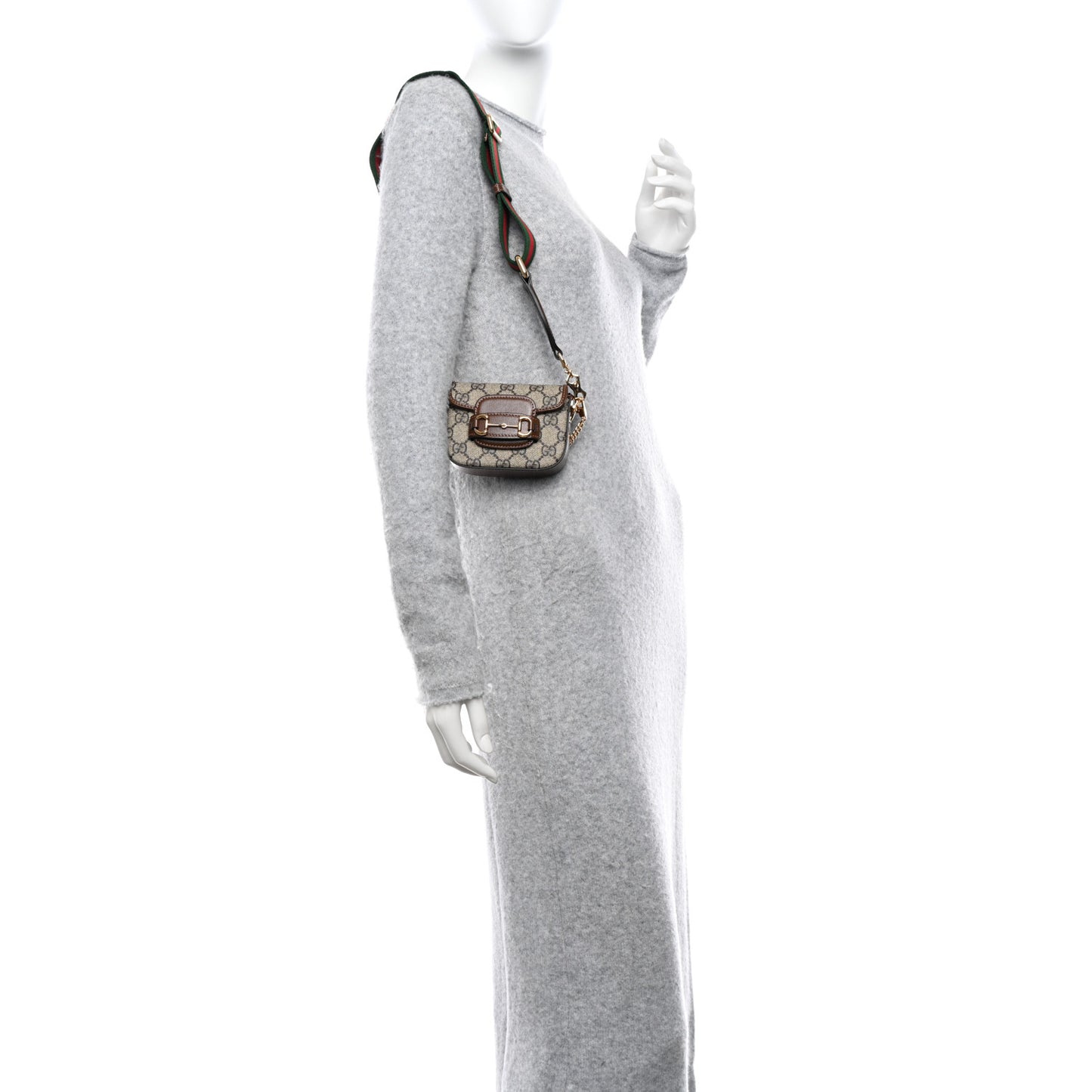 GG Supreme Monogram Azalea Calfskin Web Horsebit 1955 Wallet On Strap Beige Ebony Brown Sugar