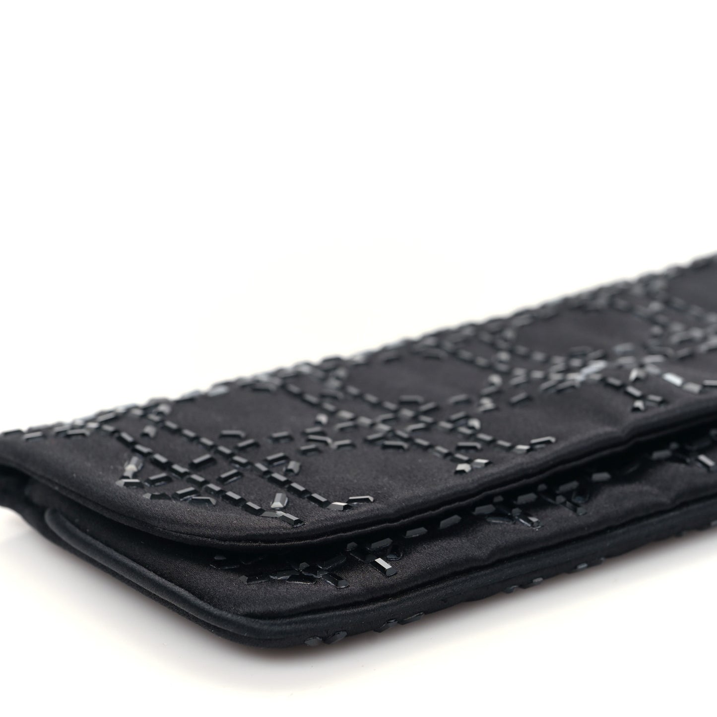 Satin Crystal Cannage Flap Clutch Black