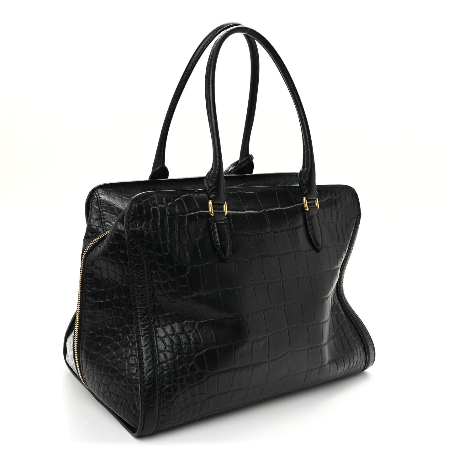 Calfskin Crocodile Embossed Large Skull Padlock Zip Around Tote Black