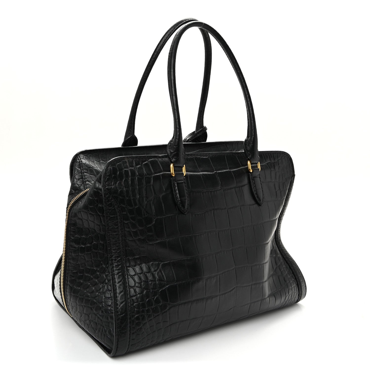 Alexander McQueen Calfskin Crocodile Embossed Large Skull Padlock Zip Around Tote Black 3 of 10
