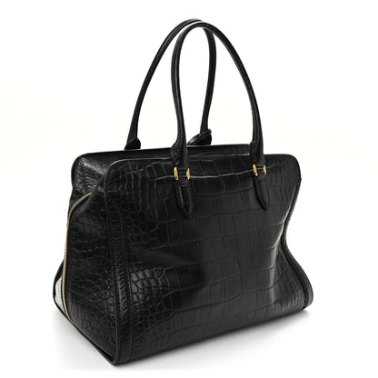 Alexander McQueen Calfskin Crocodile Embossed Large Skull Padlock Zip Around Tote Black 3 of 10