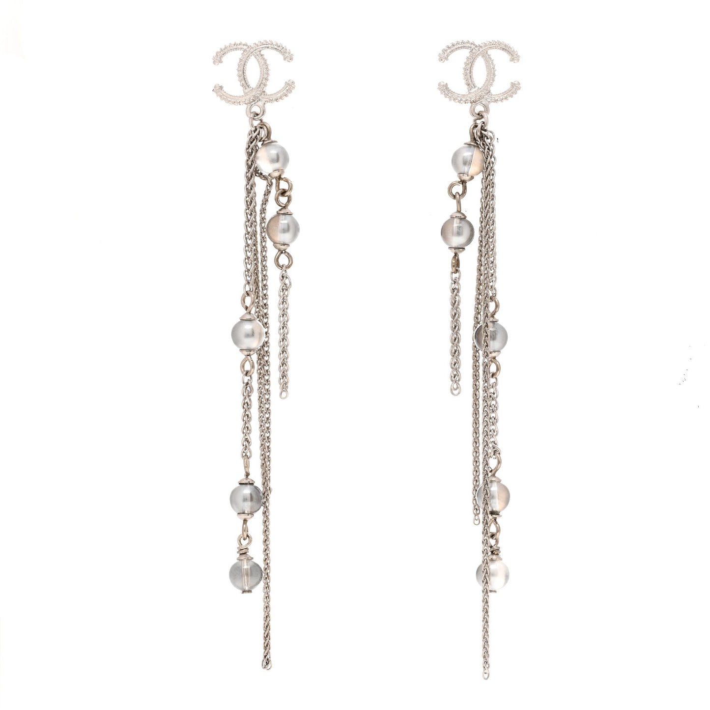 Metal Chain Pearl CC Drop Earrings Silver