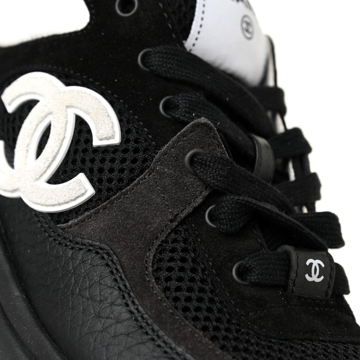 Chanel Fabric Calfskin Suede CC Sneakers 38 Black White 10 of 11