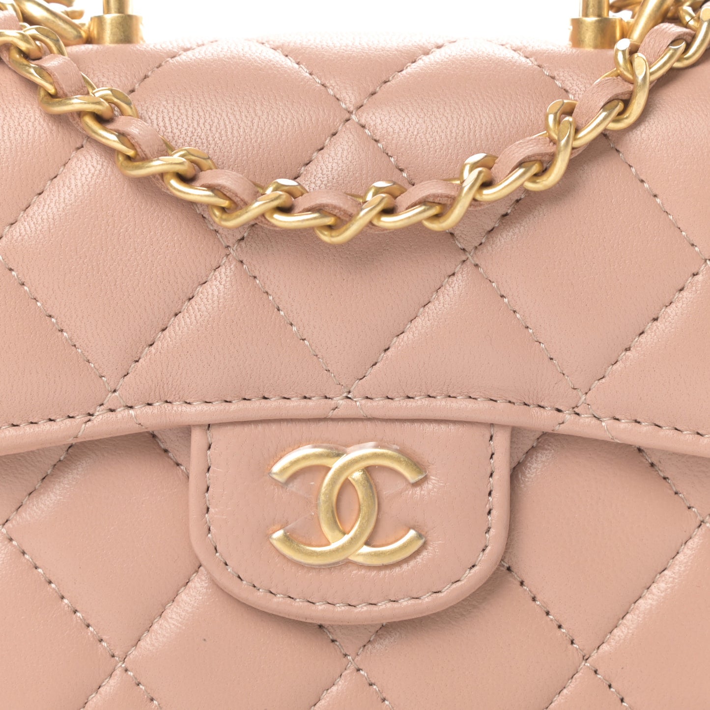Lambskin Quilted Top Handle Flap Coin Purse With Chain Beige