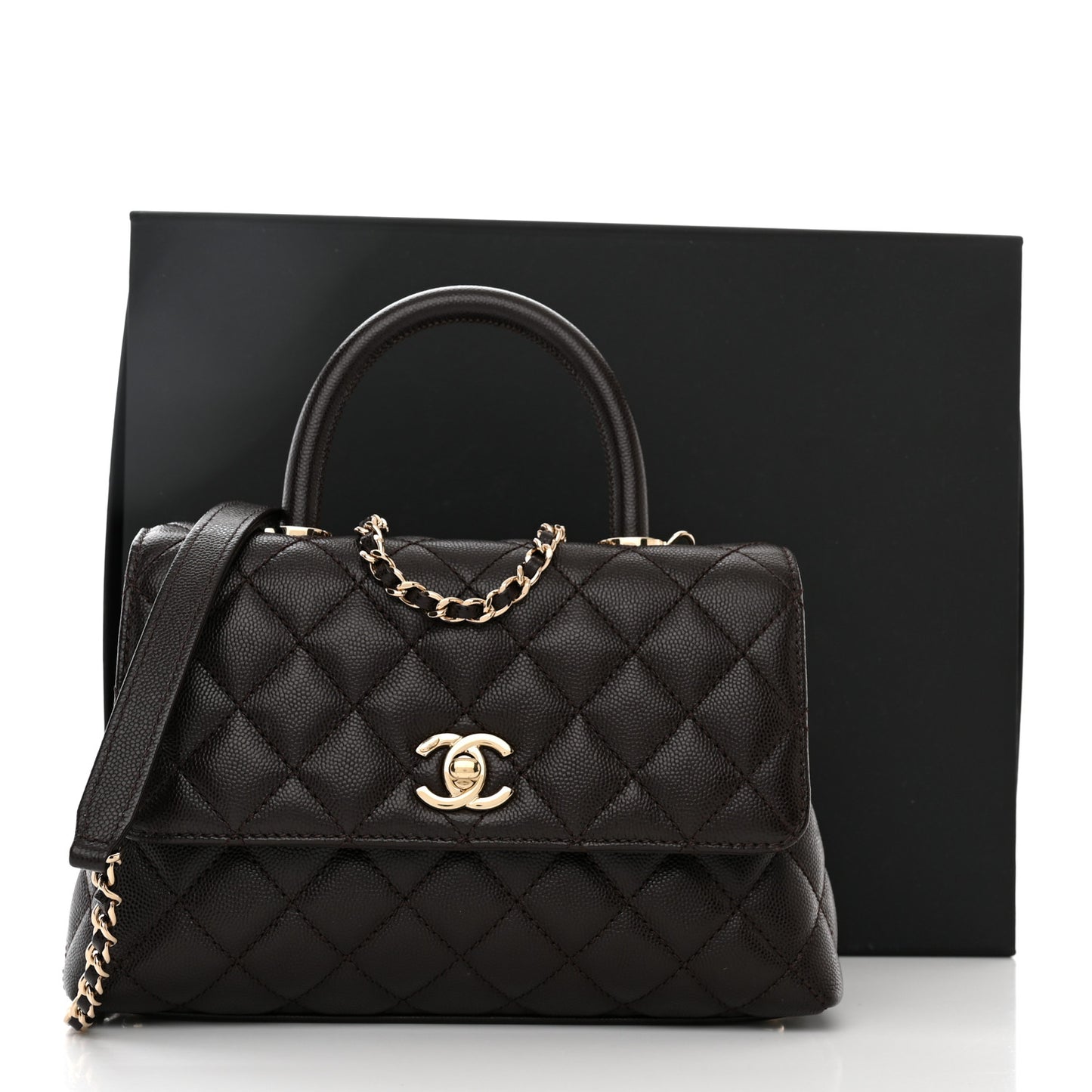 Caviar Quilted Mini Coco Handle Flap Dark Brown