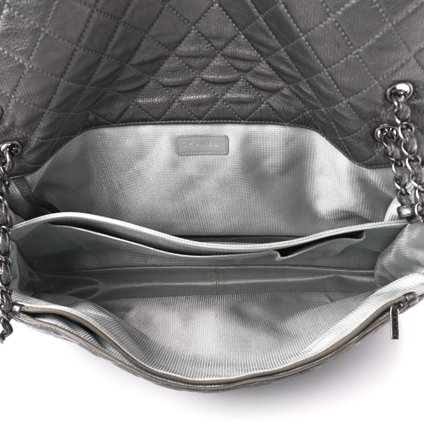 Metallic Calfskin Quilted Small XXL Travel Flap Bag Dark Silver