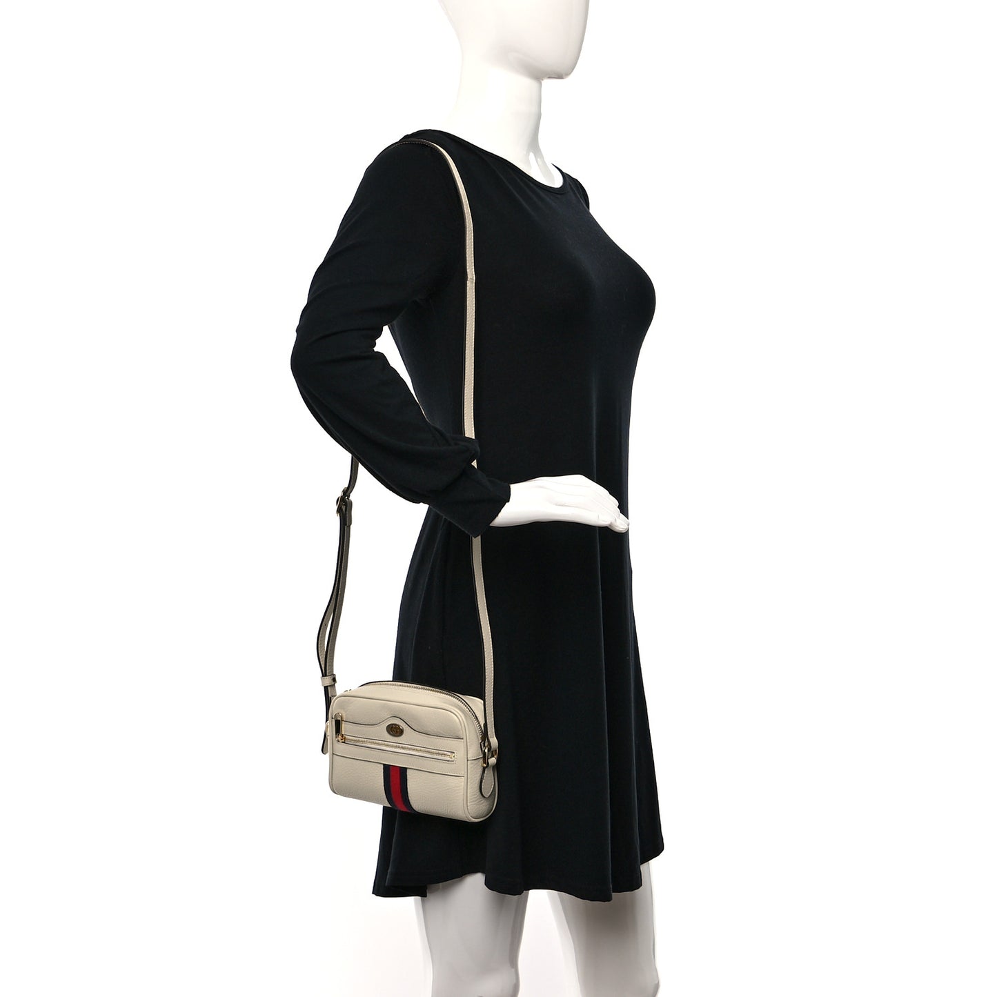 Textured Dollar Calfskin Web Mini Ophidia Shoulder Bag Mystic White