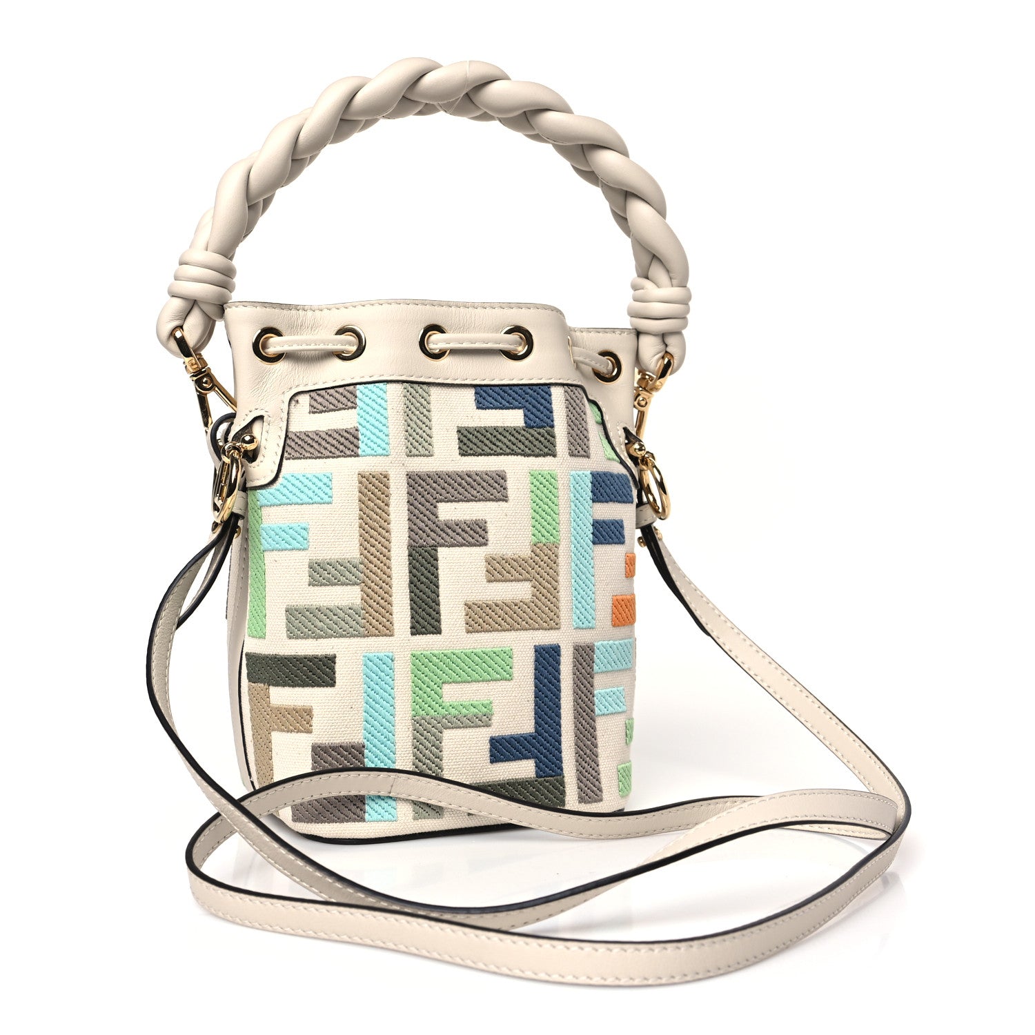 Fendi Canvas Vitello Grace F is Fendi FF Multicolor Embroidered Mini Mon Tresor Bucket Bag Grezzo Multicolor Latte 3 of 9