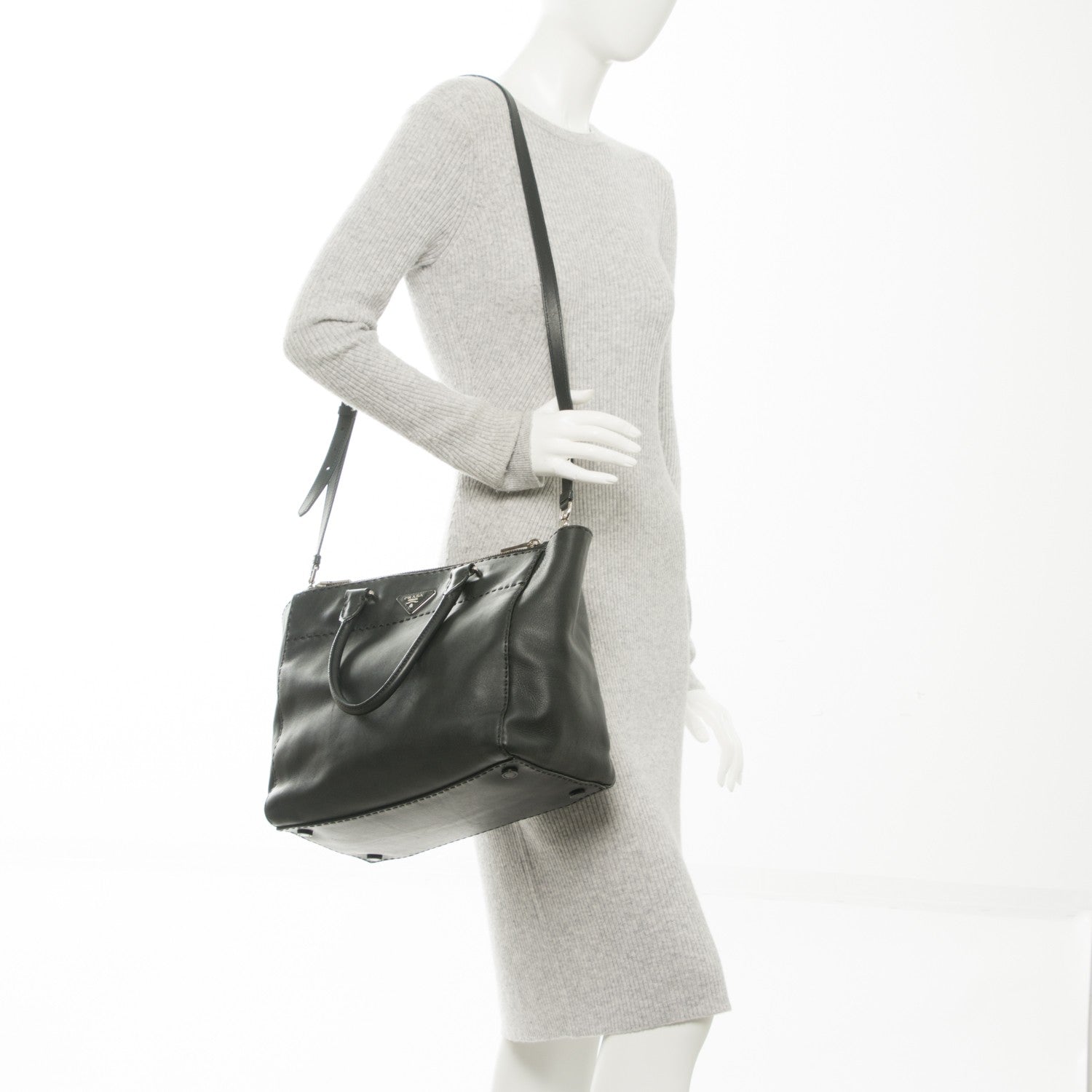 Prada City Calf Hand-Stitched Galleria Double Zip Tote Black 2 of 9