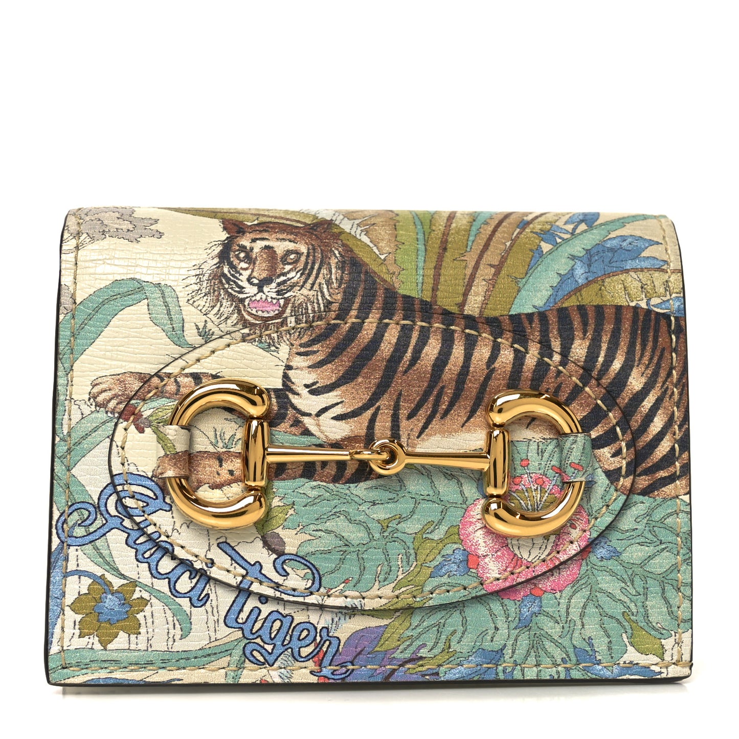 New Shangai Calfskin Tiger Savanah Horsebit 1955 Card Case Wallet Chalky White Multicolor