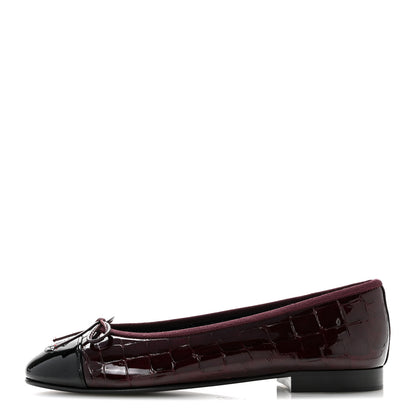 Chanel Crocodile Embossed Patent Cap Toe Ballerina Flats 36.5 Dark Burgundy Black 1 of 10