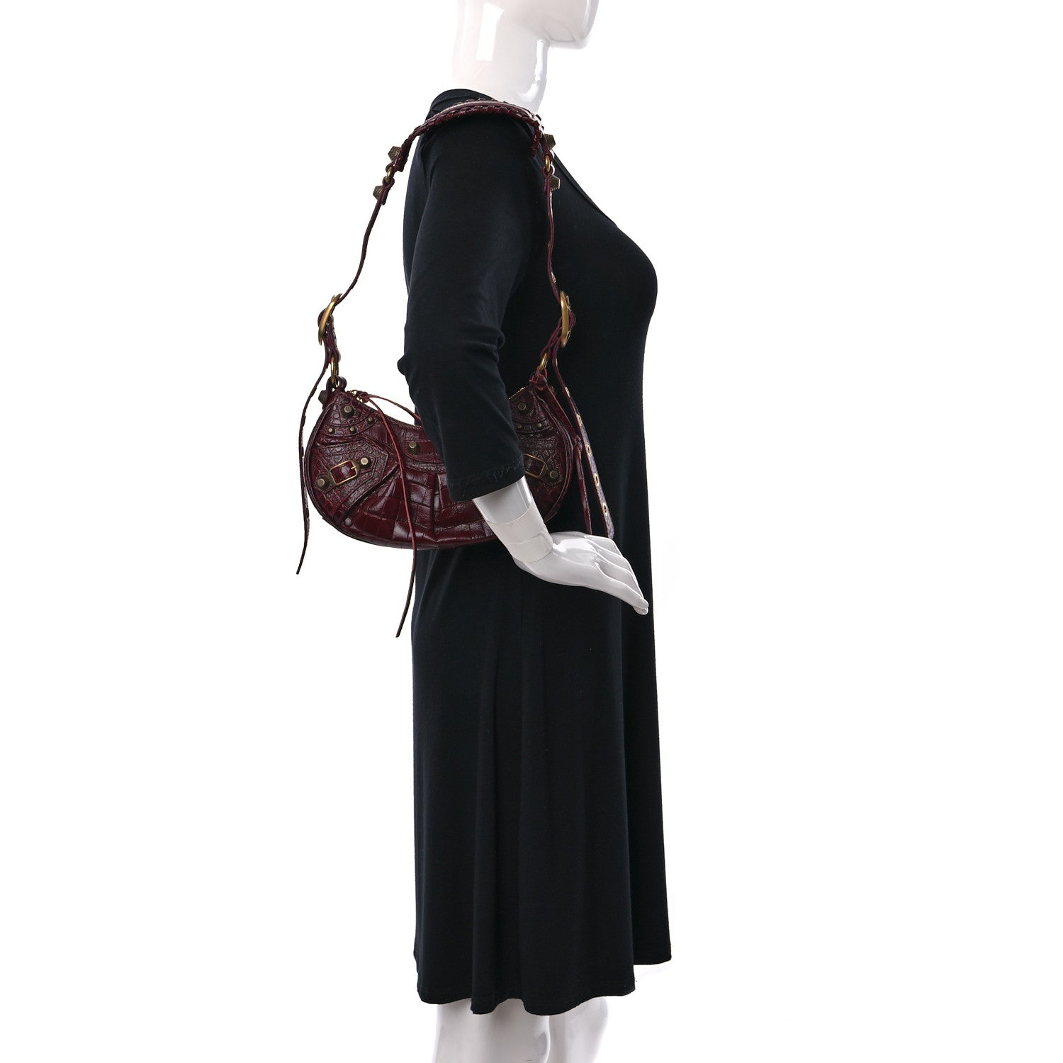 Balenciaga Extra Supple Calfskin Crocodile Embossed Le Cagole Shoulder Bag XS Dark Red 2 of 9