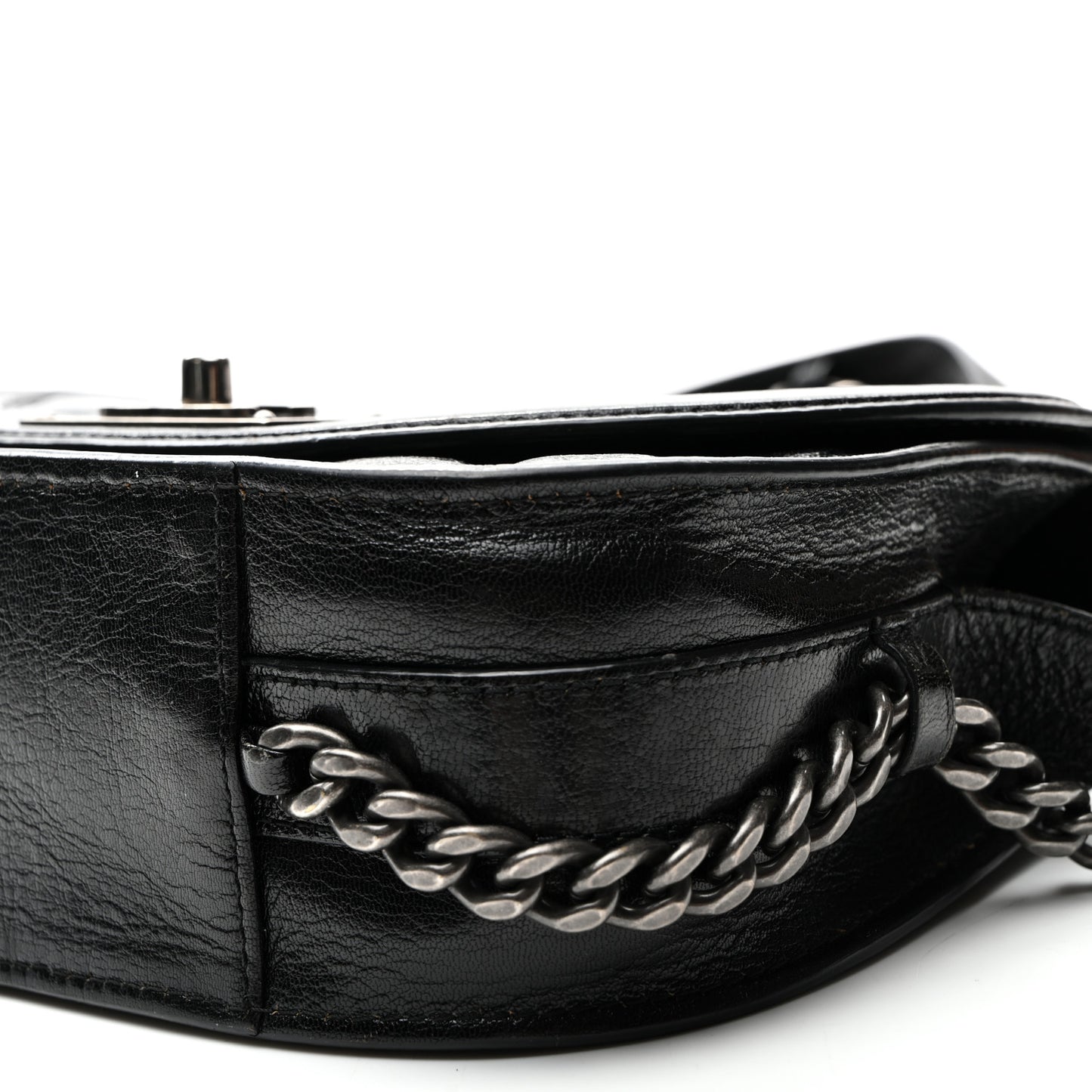 Shiny Goatskin Quilted Small Double Chained Messenger Flap Black