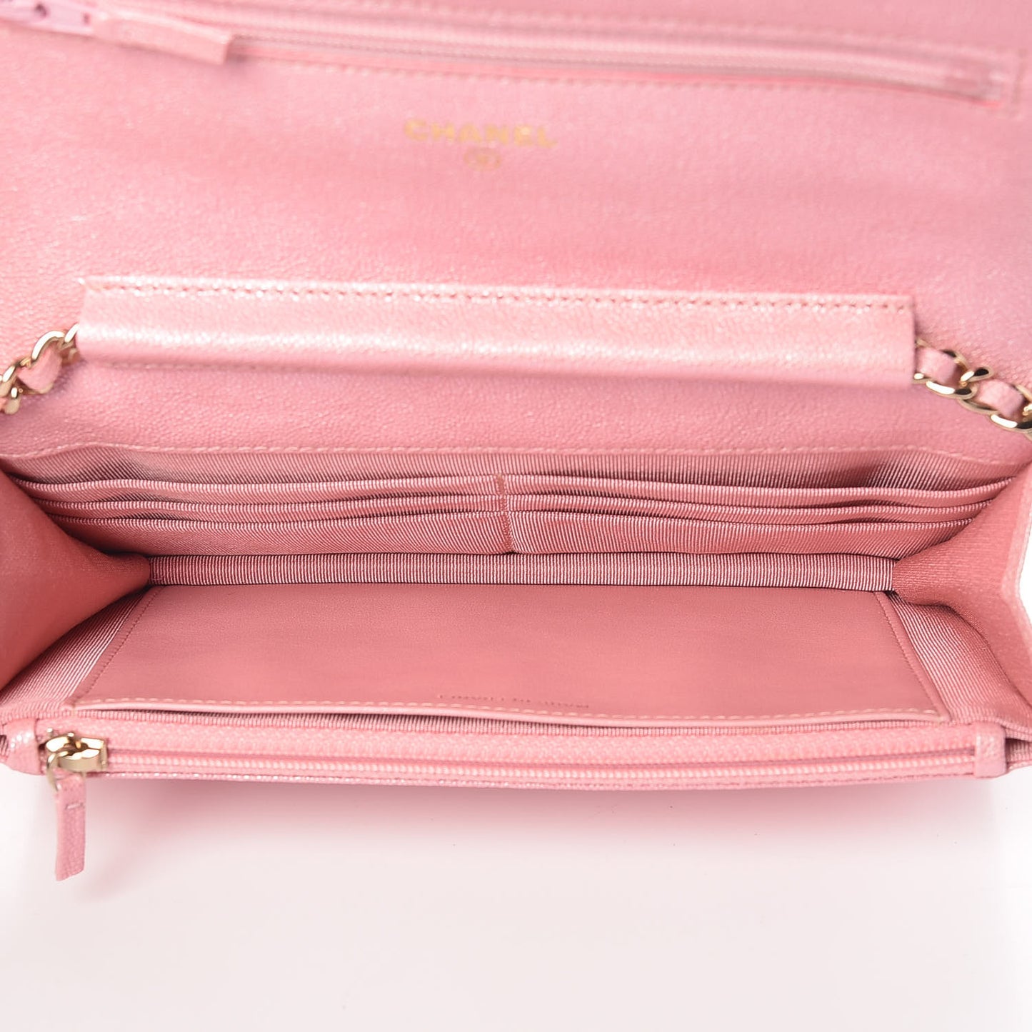 Iridescent Caviar Quilted Wallet on Chain WOC Rose Pink