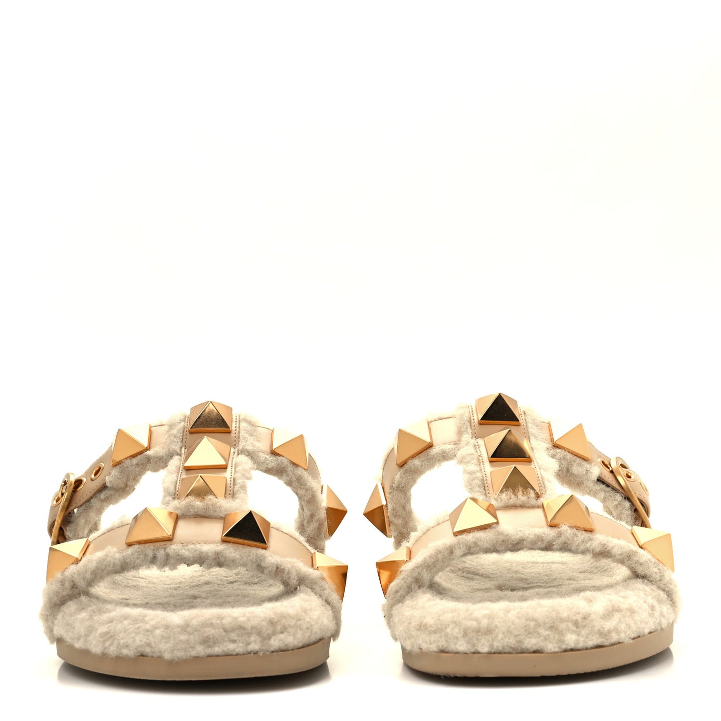 Shearling Roman Stud Slide Sandals 37 Sahara Beige