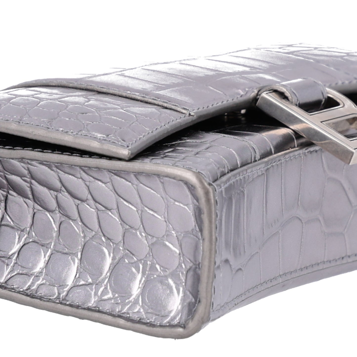 Metallic Calfskin Crocodile Embossed Hourglass Chain Bag Silver