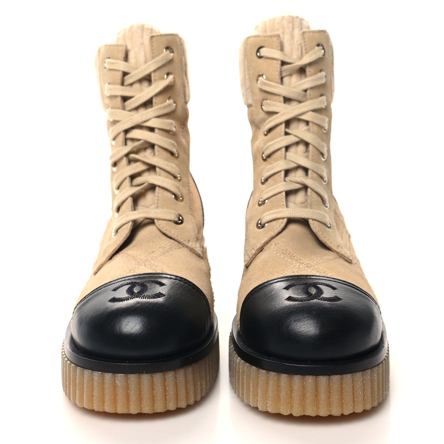 Suede Calfskin Velvet Quilted CC Combat Boots 35.5 Beige Black