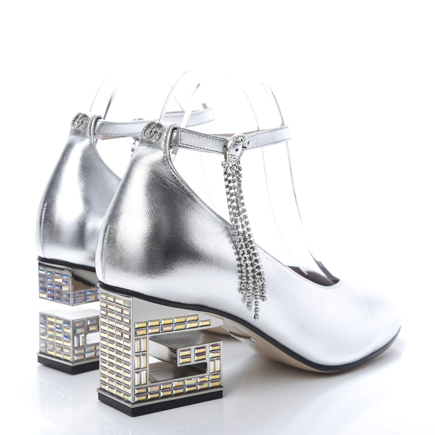 Metallic Nappa Crystal Square G Mid Heel Pumps 38 Silver