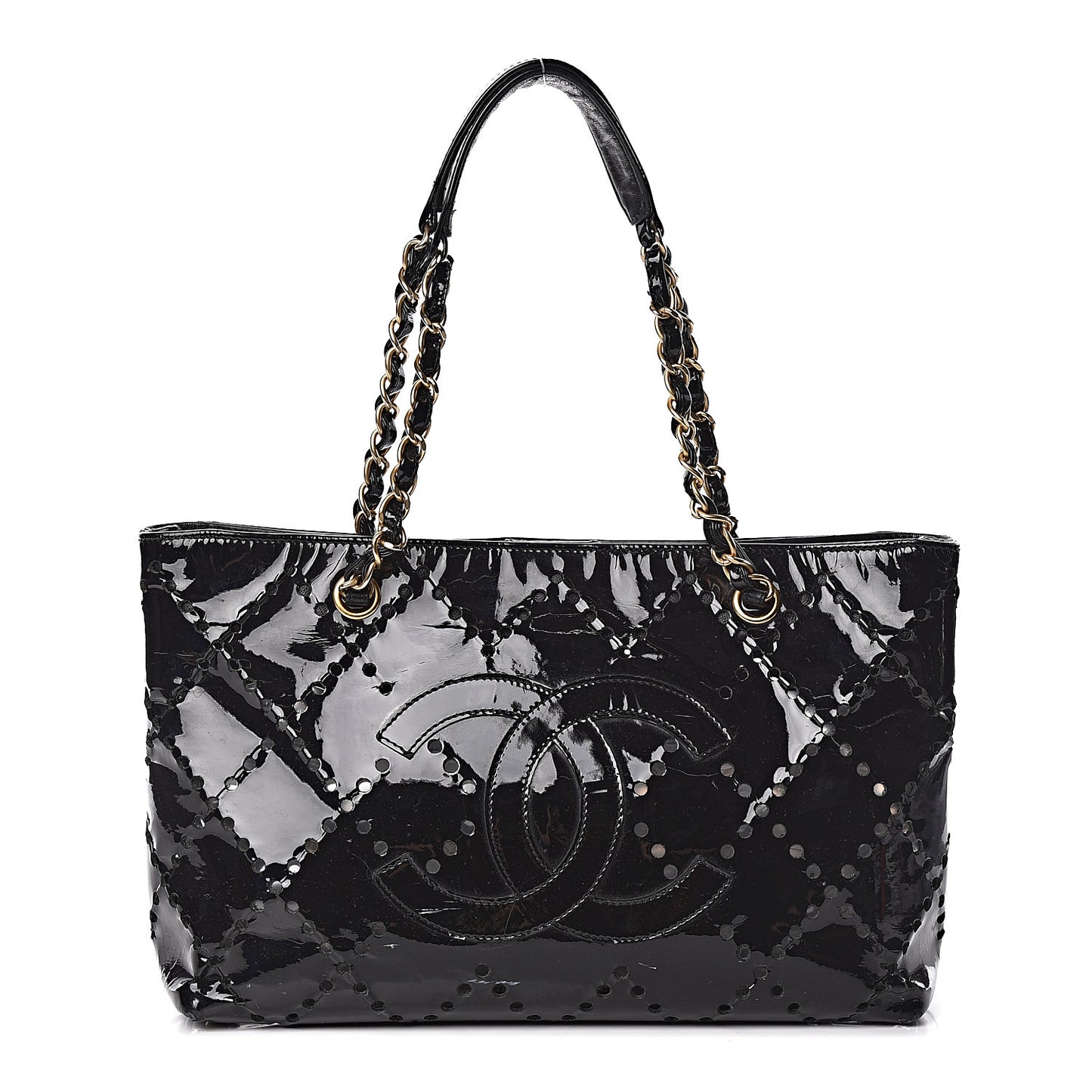 Patent Perforated CC Shopping Tote Black