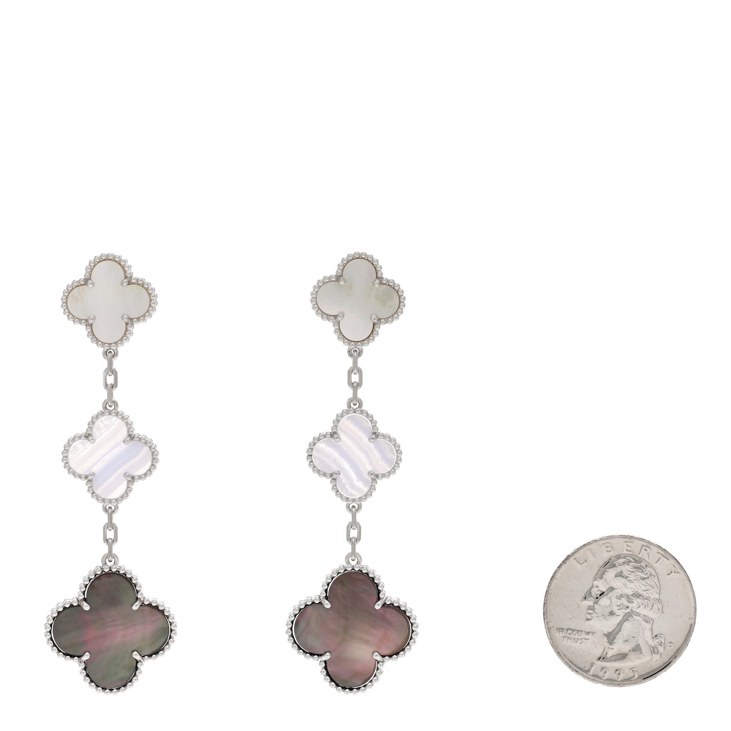 18K White Gold Mother of Pearl Chalcedony 3 Motifs Magic Alhambra Earrings