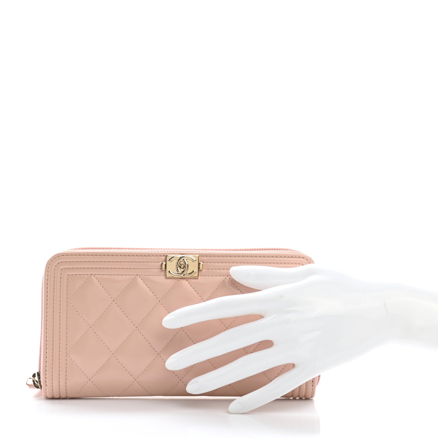 Iridescent Glazed Calfskin Quilted Boy Zip Around Wallet Light Pink