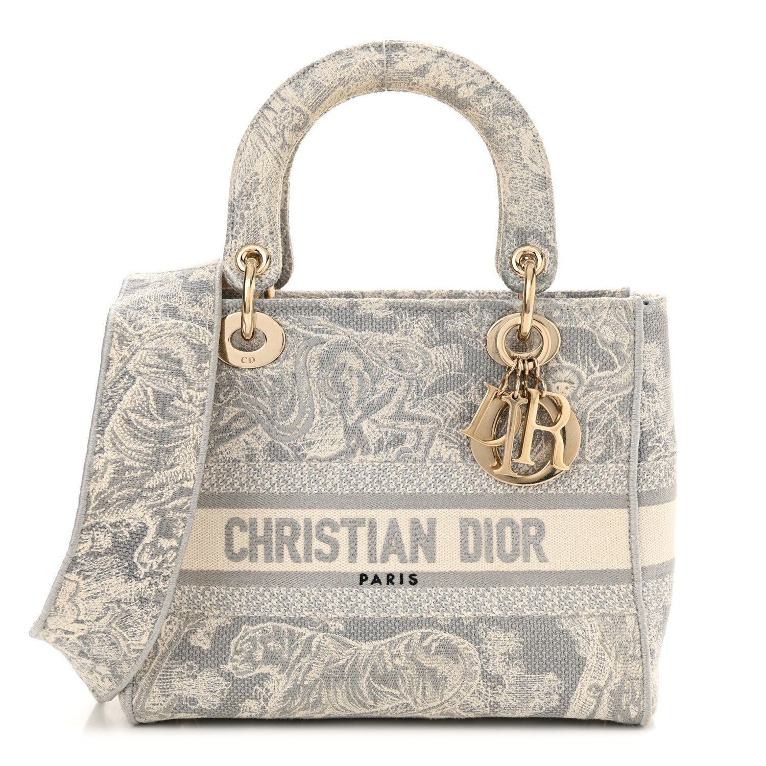 Christian Dior Canvas Toile De Jouy Reverse Embroidered Medium Lady D-Lite Gray 1 of 11